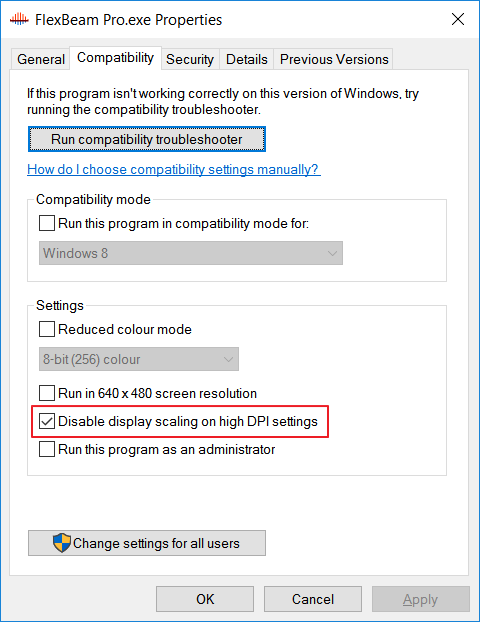 Properties of the .exe file in Windows, tab Compatibility.